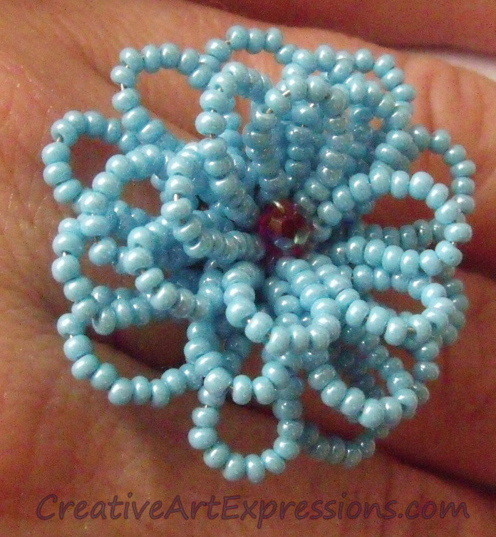 Creative Art Expressions Handmade Light Blue Seed Bead Flower Ring Jewelry Design